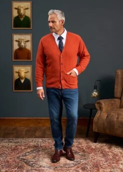 Cornwall Lambswool Cardigan In Ember - Classic Fit 6 Cornwall Lambswool Cardigan In Ember - Classic Fit -Elegant Wear World Mens Lambswool Cardigan Orange 1