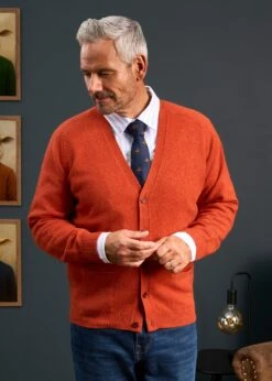Cornwall Lambswool Cardigan In Ember - Classic Fit 7 Cornwall Lambswool Cardigan In Ember - Classic Fit -Elegant Wear World Mens Lambswool Cardigan Orange 2