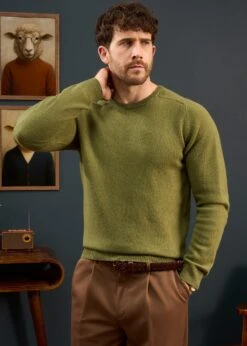 Lenzie Men's Lambswool Jumper In Green Bean - Regular Fit -Elegant Wear World Mens Lambswool Crew Neck Regular Fit Green