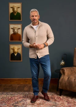 Landford Men's Lambswool Buttoned Jumper In Cobble - Regular Fit -Elegant Wear World Mens Lambswool Mock Neck Jumper Cream 1