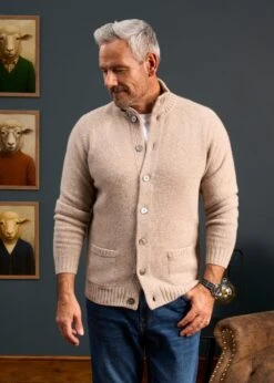 Landford Men's Lambswool Buttoned Jumper In Cobble - Regular Fit -Elegant Wear World Mens Lambswool Mock Neck Jumper Cream