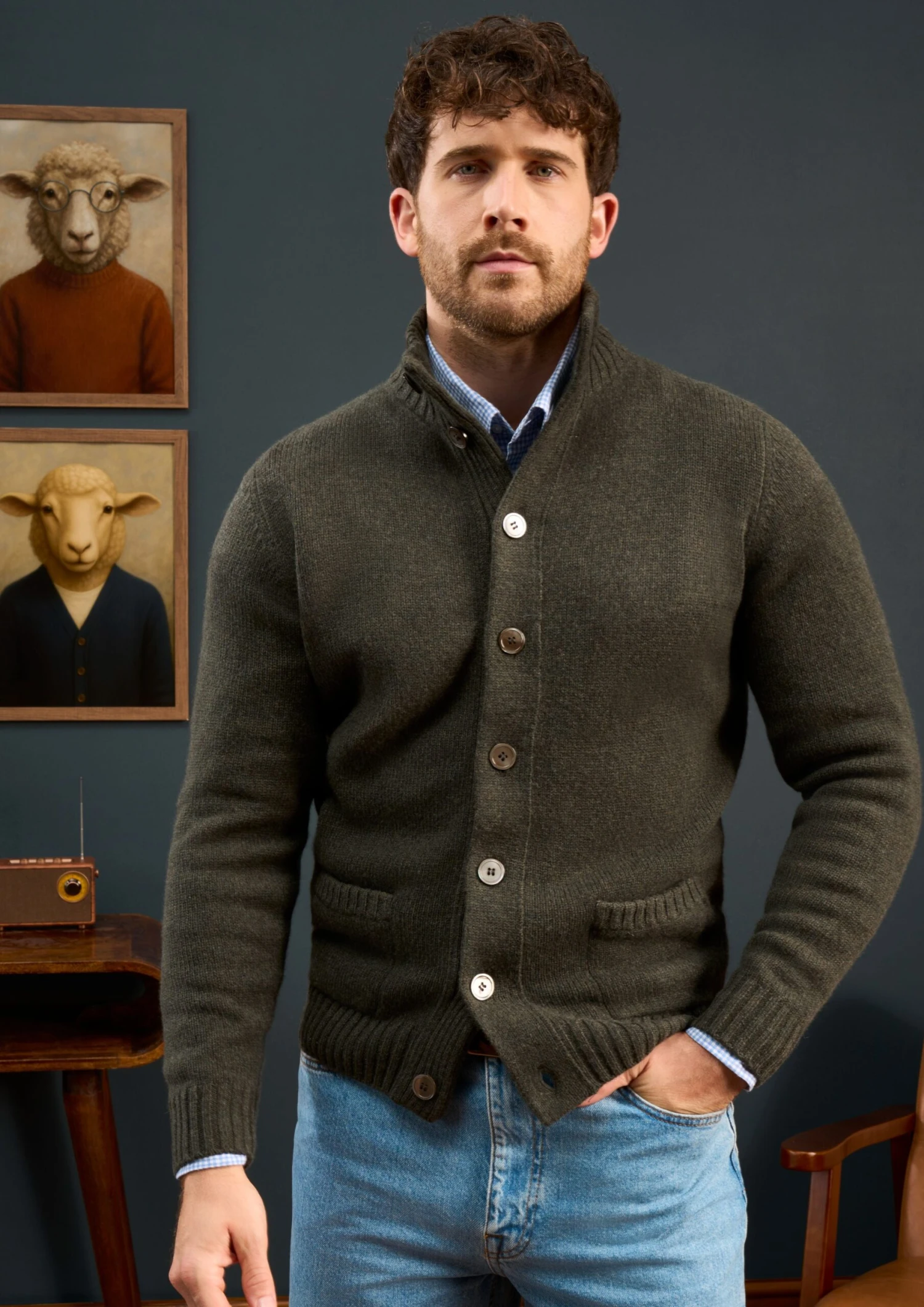 Landford Men's Lambswool Buttoned Jumper In Seaweed - Regular Fit 5 Landford Men's Lambswool Buttoned Jumper In Seaweed - Regular Fit - Image 5