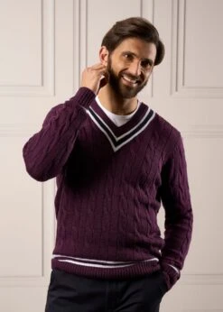 Grafton Men's Merino Wool Cable Cricket Jumper In Black Grape - Regular Fit -Elegant Wear World Mens Merino Cricket Sweater Purple 4