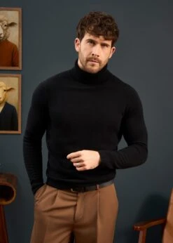 Petersham Men's Geelong Wool Roll Neck In Black -Elegant Wear World Mens Roll Neck Jumper Black