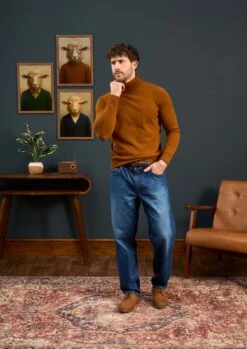 Petersham Men's Geelong Wool Roll Neck In Cumin -Elegant Wear World Mens Roll Neck Jumper Brown Orange 1