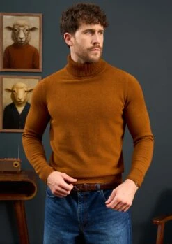 Petersham Men's Geelong Wool Roll Neck In Cumin -Elegant Wear World Mens Roll Neck Jumper Brown Orange