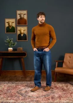 Petersham Men's Geelong Wool Roll Neck In Cumin -Elegant Wear World Mens Roll Neck Jumper Brown Orange 3