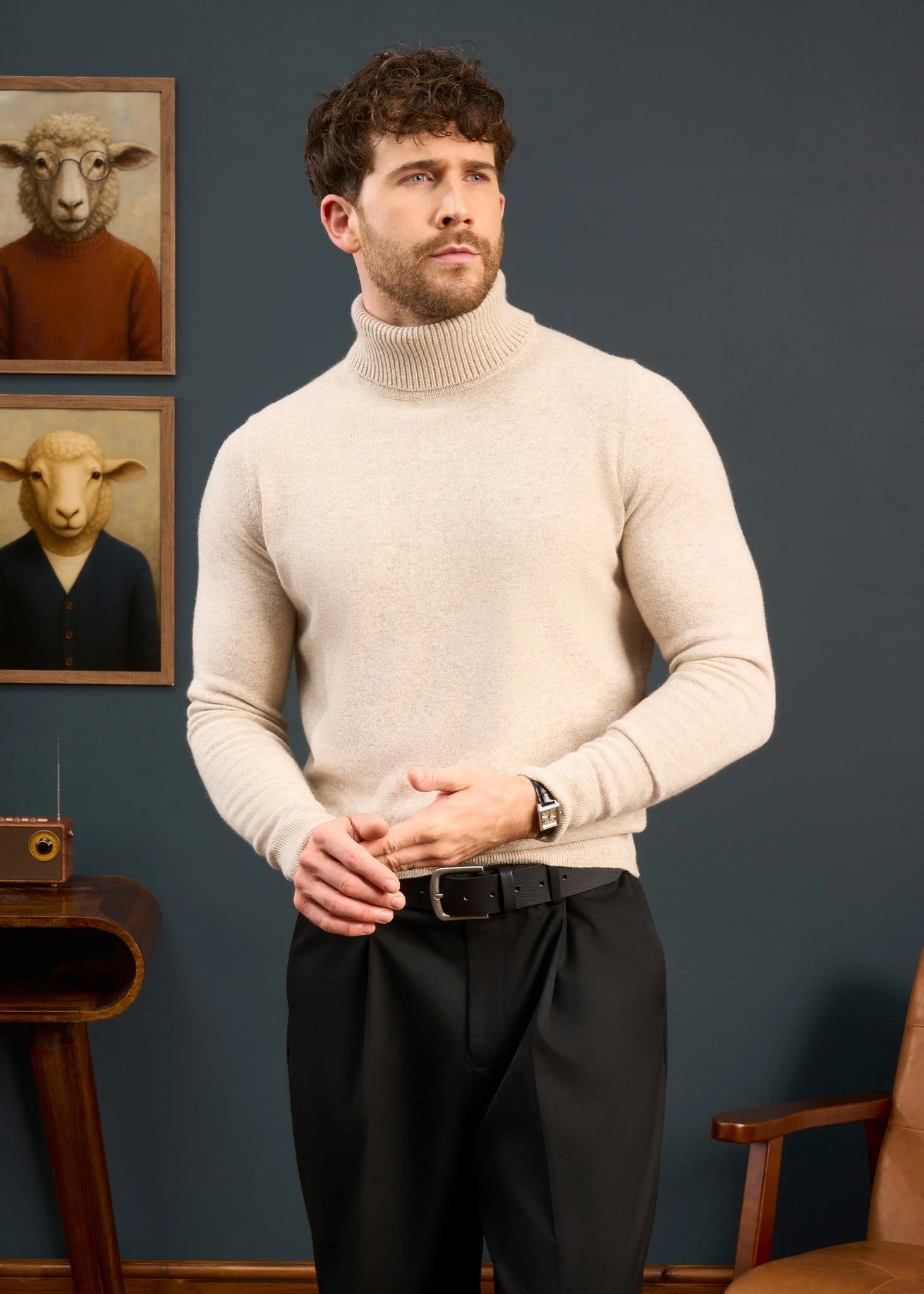 Petersham Men's Geelong Wool Roll Neck In Irish Cream 3 Petersham Men's Geelong Wool Roll Neck In Irish Cream - Image 3