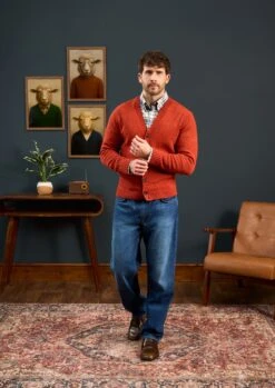 Kinloch Men's Shetland Wool Cardigan In Saffron -Elegant Wear World Mens Shetland Wool Cardigan Orange 1