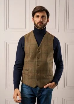 Combrook Men's Tweed Lined-Back Waistcoat In Thyme - Regular Fit -Elegant Wear World Mens Tweed Waistcoat Combrook Thyme 1