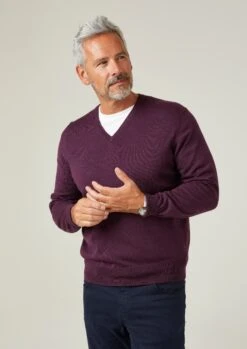 Millbreck Merino Wool Jumper In Black Grape - Regular Fit -Elegant Wear World Milbreck Mens Merino Wool Jumper Vee Neck Purple 1
