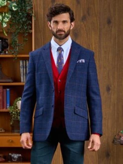 Surrey Tweed Lined Blazer In Navy Check - Regular Fit -Elegant Wear World Navy Check Tweed Blazer 1