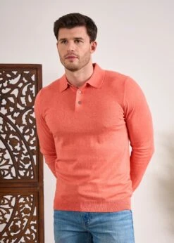 Pentlow Luxury Cotton Long Sleeve Polo Shirt In Coral -Elegant Wear World Pentlow Luxury Cotton Long Sleeve Polo Coral 1