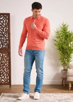 Pentlow Luxury Cotton Long Sleeve Polo Shirt In Coral -Elegant Wear World Pentlow Luxury Cotton Long Sleeve Polo Coral 2