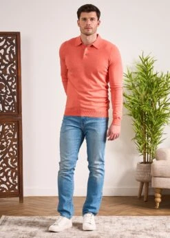 Pentlow Luxury Cotton Long Sleeve Polo Shirt In Coral -Elegant Wear World Pentlow Luxury Cotton Long Sleeve Polo Coral 3