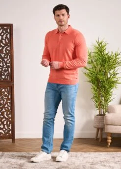 Pentlow Luxury Cotton Long Sleeve Polo Shirt In Coral -Elegant Wear World Pentlow Luxury Cotton Long Sleeve Polo Coral 4