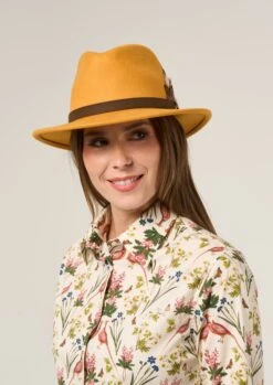 Richmond Ladies Felt Hat With Feather In Mustard -Elegant Wear World Richmond Ladies Felt Fedora Mustard 1