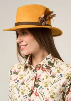 Richmond Ladies Felt Hat With Feather In Mustard -Elegant Wear World Richmond Ladies Felt Fedora Mustard