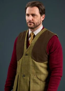 Rutland Men's Tweed Shooting Waistcoat In Lichen - Shooting Fit -Elegant Wear World Rutland Mens Tweed Shooting Waistcoat Lichen 3