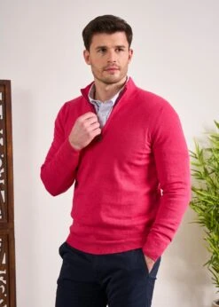 Selhurst Cotton Cashmere 1/4 Zip Jumper In Raspberry 9 Selhurst Cotton Cashmere 1/4 Zip Jumper In Raspberry -Elegant Wear World Selhurst Cotton Quarter Zip Jumper Raspberry 3