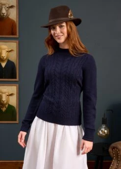 Sienna Ladies Cable Knit Roll Neck In Dark Navy -Elegant Wear World Sienna Ladies Cable Knit Mock Neck Dark Navy 3