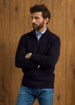 Sutherland Lambswool 1/4 Zip Jumper In Navy - Regular Fit -Elegant Wear World Sutherland Lambswool Quarter Zip Jumper Navy 2