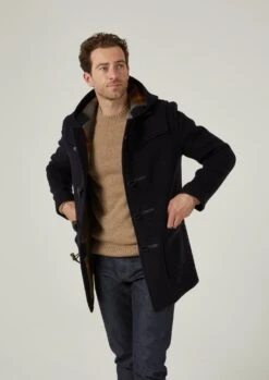 Alcombey Check Back Duffle Coat In Navy -Elegant Wear World alcombey men s check back duffle caot navy 2
