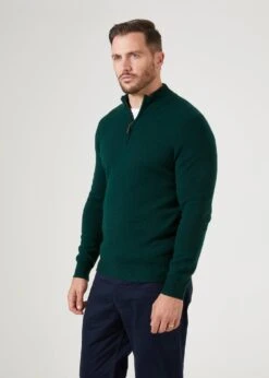 Sutherland Lambswool 1/4 Zip Jumper In Tartan Green - Regular Fit -Elegant Wear World mens lambswool half zip jumper tartan green 2