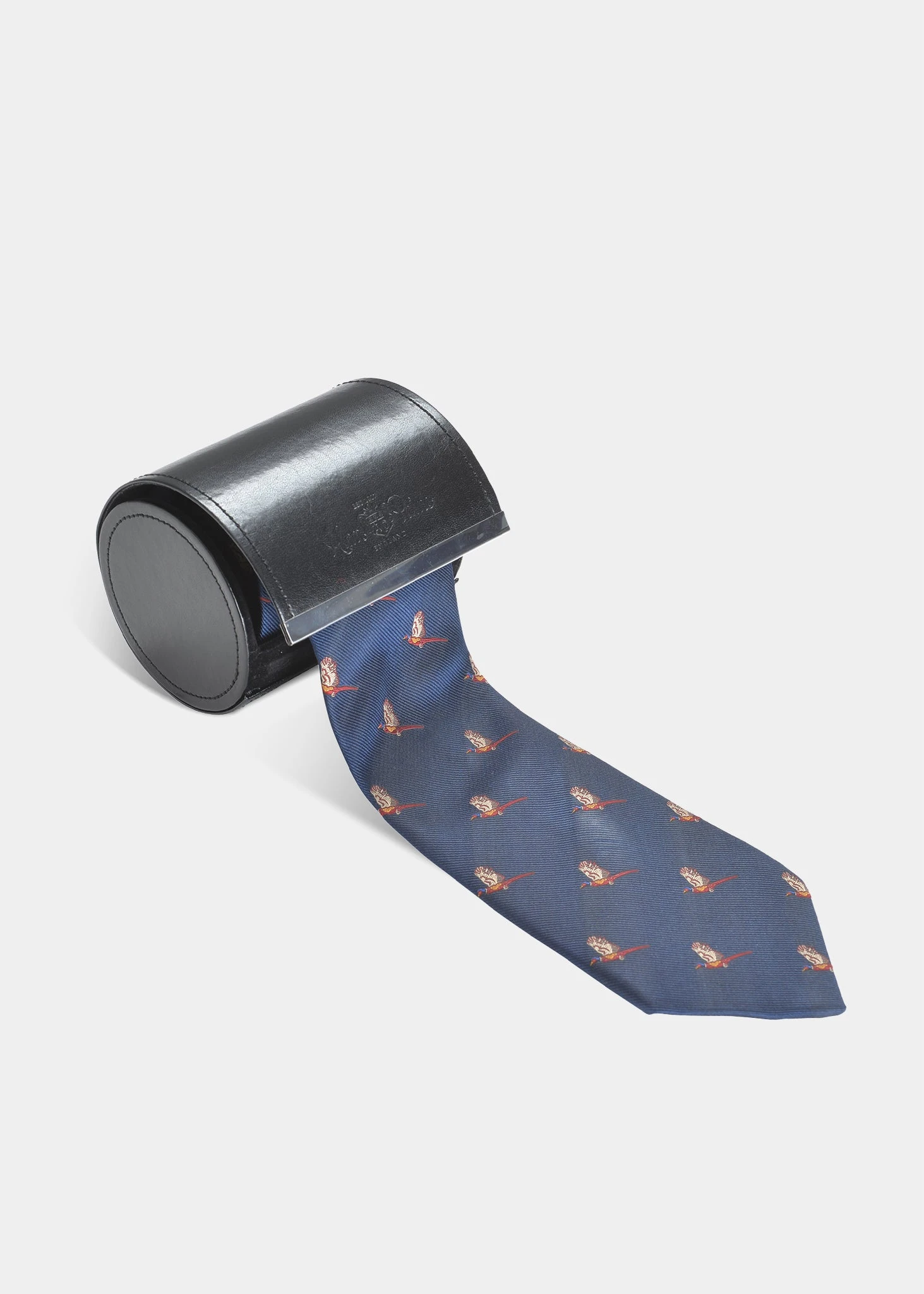 Ripon Silk Country Tie In Navy - Flying Pheasant Design 1 Ripon Silk Country Tie In Navy - Flying Pheasant Design