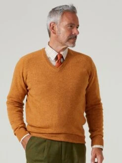 Streetly Men's V Neck Jumper In Gazelle - Classic Fit -Elegant Wear World streetly mens lambswool jumper gazelle 2